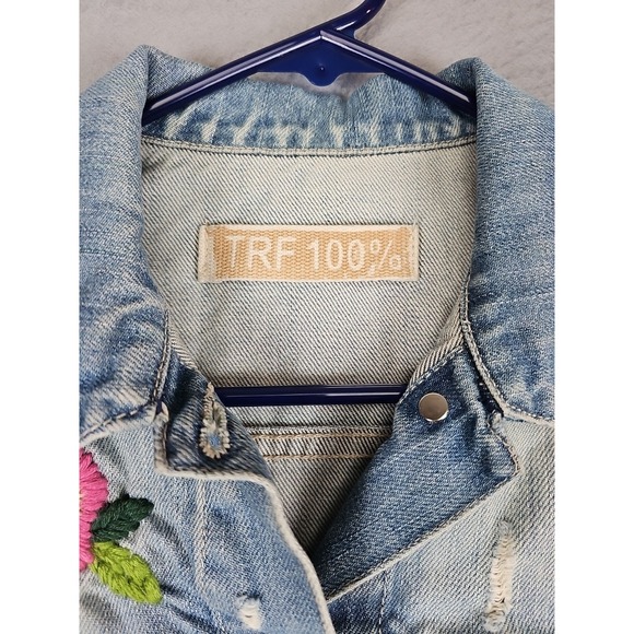 Zara TRF 100% Denim Jacket Women's Medium Blue Floral Embroidered - Picture 4 of 12